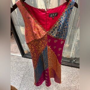 y2k abs allen schwartz multi color indian print silk midi dress embellished